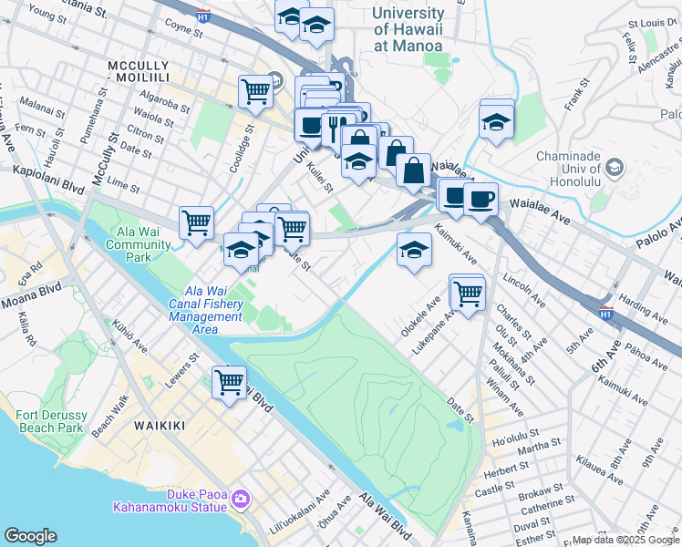 map of restaurants, bars, coffee shops, grocery stores, and more near 736 Mahiai Street in Honolulu
