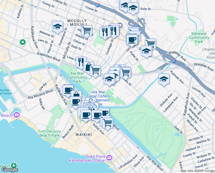 map of restaurants, bars, coffee shops, grocery stores, and more near 573 Lauiki Street in Honolulu