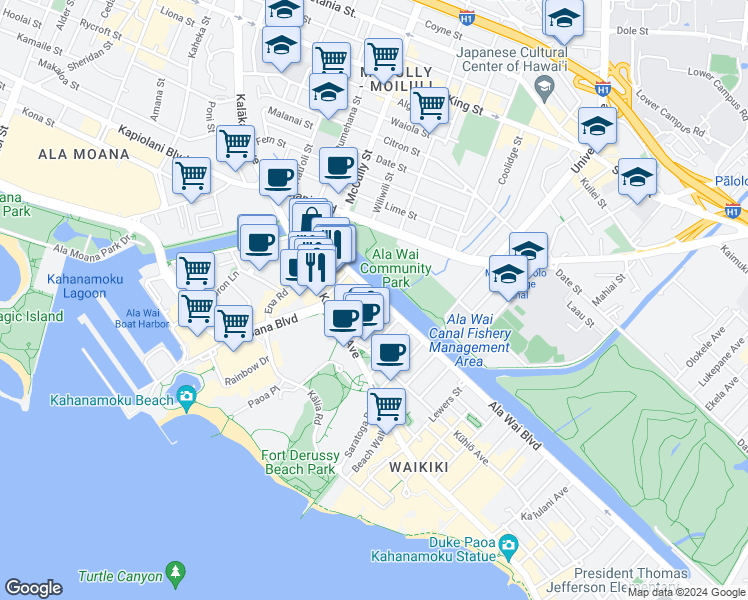 map of restaurants, bars, coffee shops, grocery stores, and more near in Honolulu