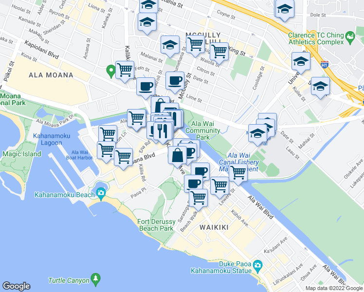 map of restaurants, bars, coffee shops, grocery stores, and more near in Honolulu