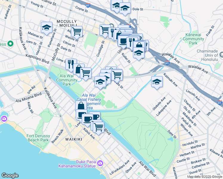 map of restaurants, bars, coffee shops, grocery stores, and more near 581 Kamoku Street in Honolulu