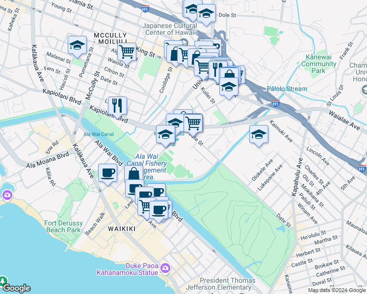map of restaurants, bars, coffee shops, grocery stores, and more near 581 Kamoku Street in Honolulu