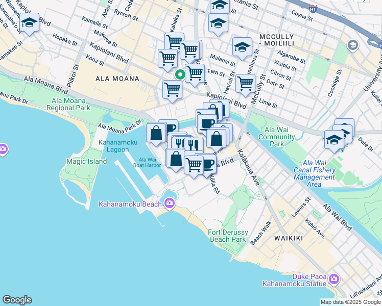 map of restaurants, bars, coffee shops, grocery stores, and more near 357 Hobron Lane in Honolulu