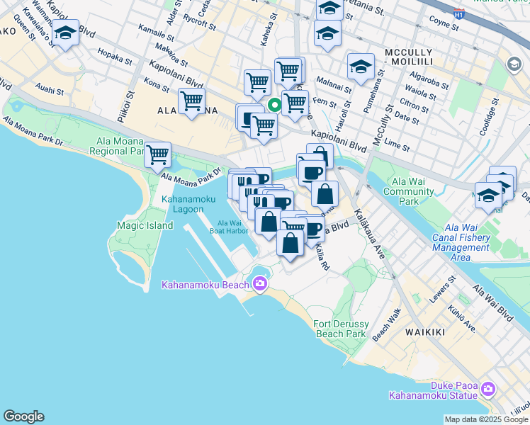 map of restaurants, bars, coffee shops, grocery stores, and more near 1700 Hawaii 92 in Honolulu