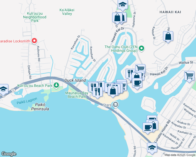 map of restaurants, bars, coffee shops, grocery stores, and more near 6312 Kaiwiki Place in Honolulu