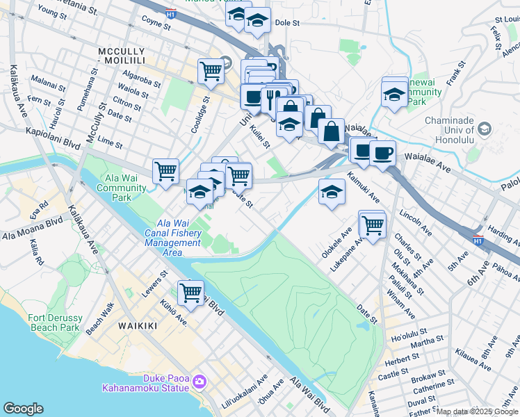 map of restaurants, bars, coffee shops, grocery stores, and more near 736 Mahiai Street in Honolulu