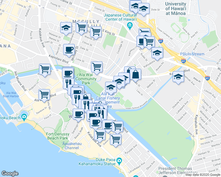 map of restaurants, bars, coffee shops, grocery stores, and more near 500 University Avenue in Honolulu