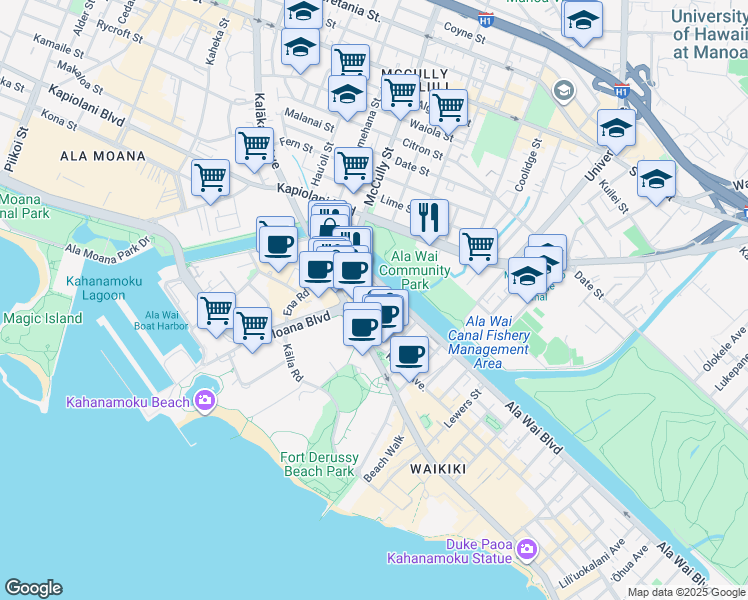map of restaurants, bars, coffee shops, grocery stores, and more near in Honolulu