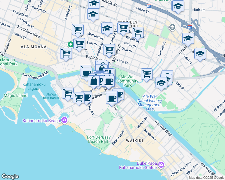 map of restaurants, bars, coffee shops, grocery stores, and more near 413 Niu Street in Honolulu
