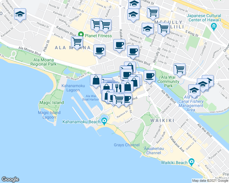 map of restaurants, bars, coffee shops, grocery stores, and more near 357 Hobron Lane in Honolulu