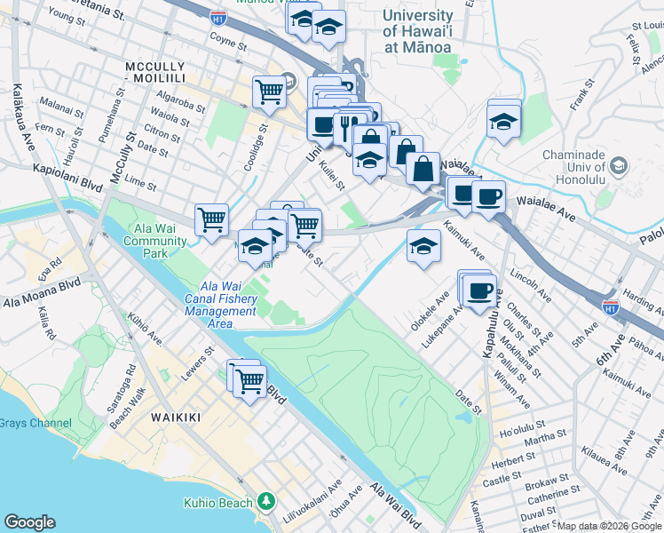 map of restaurants, bars, coffee shops, grocery stores, and more near 736 Mahiai Street in Honolulu