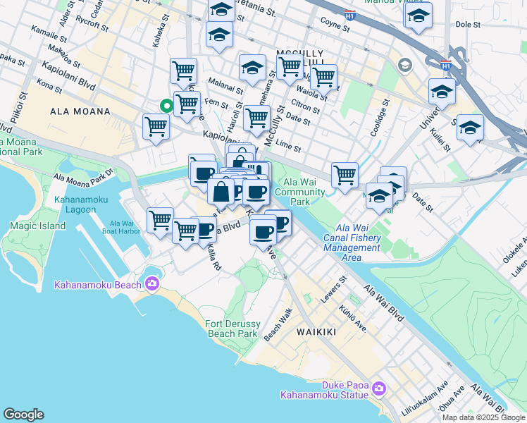 map of restaurants, bars, coffee shops, grocery stores, and more near 426 Pau Street in Honolulu