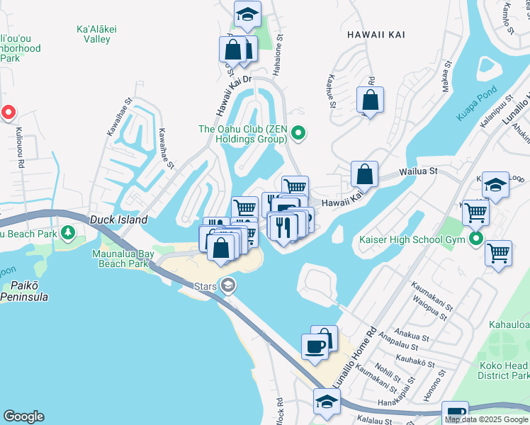 map of restaurants, bars, coffee shops, grocery stores, and more near 315 Kukuau Place in Honolulu