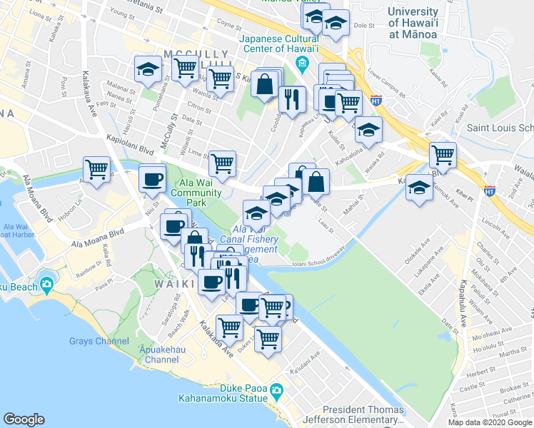 map of restaurants, bars, coffee shops, grocery stores, and more near 573 Lauiki Street in Honolulu