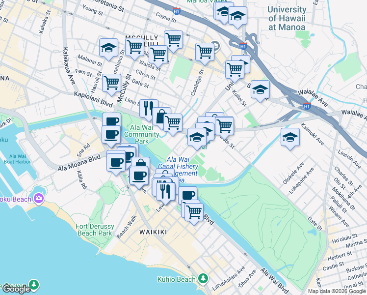 map of restaurants, bars, coffee shops, grocery stores, and more near 500 University Avenue in Honolulu