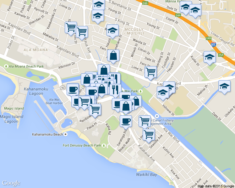 map of restaurants, bars, coffee shops, grocery stores, and more near 413 Niu Street in Honolulu