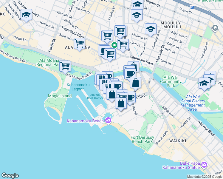map of restaurants, bars, coffee shops, grocery stores, and more near 1700 Hawaii 92 in Honolulu