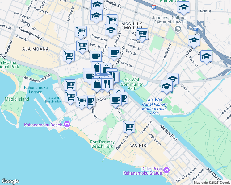 map of restaurants, bars, coffee shops, grocery stores, and more near 426 Pau Street in Honolulu