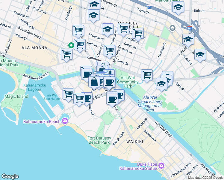 map of restaurants, bars, coffee shops, grocery stores, and more near 413 Niu Street in Honolulu