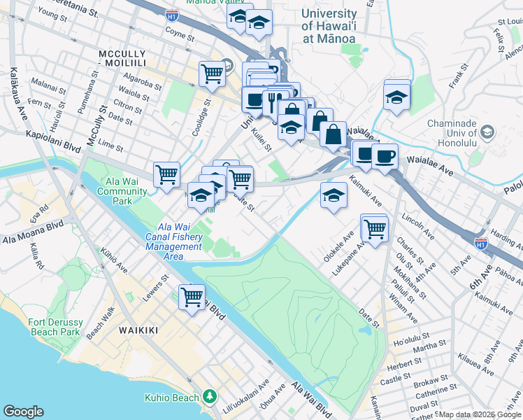 map of restaurants, bars, coffee shops, grocery stores, and more near 2568 Date Street in Honolulu