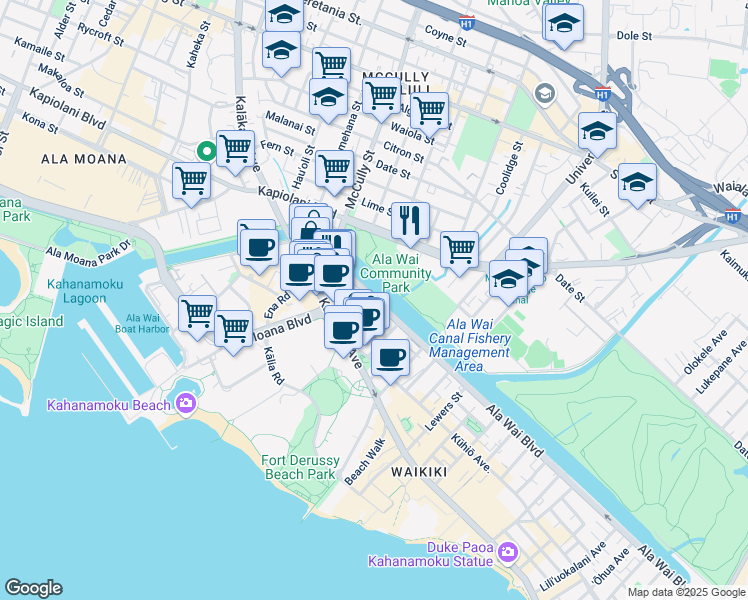 map of restaurants, bars, coffee shops, grocery stores, and more near 705 Keoniana Street in Honolulu