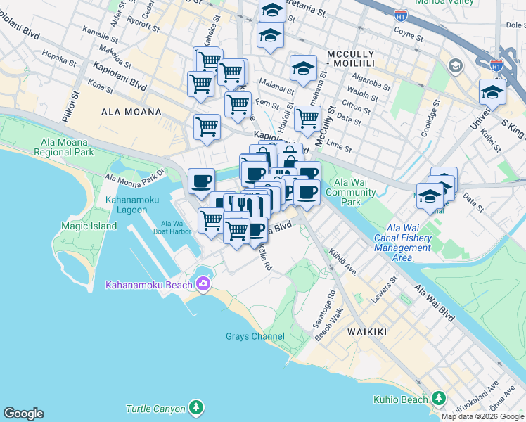 map of restaurants, bars, coffee shops, grocery stores, and more near 425 Ena Road in Honolulu