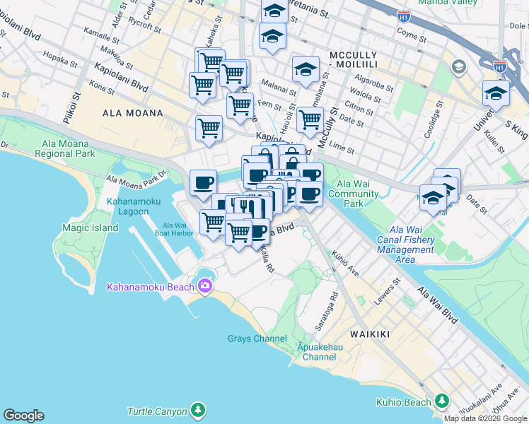 map of restaurants, bars, coffee shops, grocery stores, and more near 425 Ena Road in Honolulu