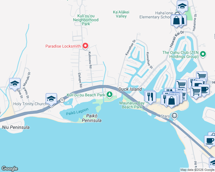 map of restaurants, bars, coffee shops, grocery stores, and more near Kalanianaole Highway in Honolulu