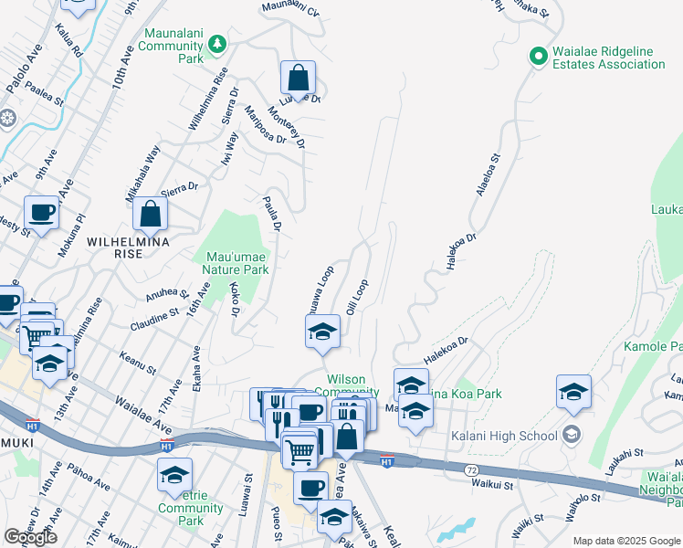 map of restaurants, bars, coffee shops, grocery stores, and more near 5118 Kilauea Avenue in Honolulu