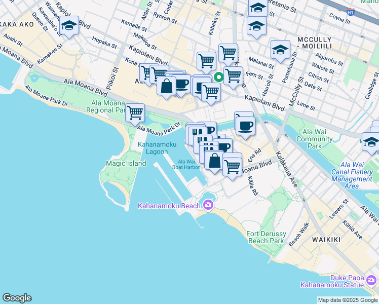 map of restaurants, bars, coffee shops, grocery stores, and more near 34 Holomoana Street in Honolulu