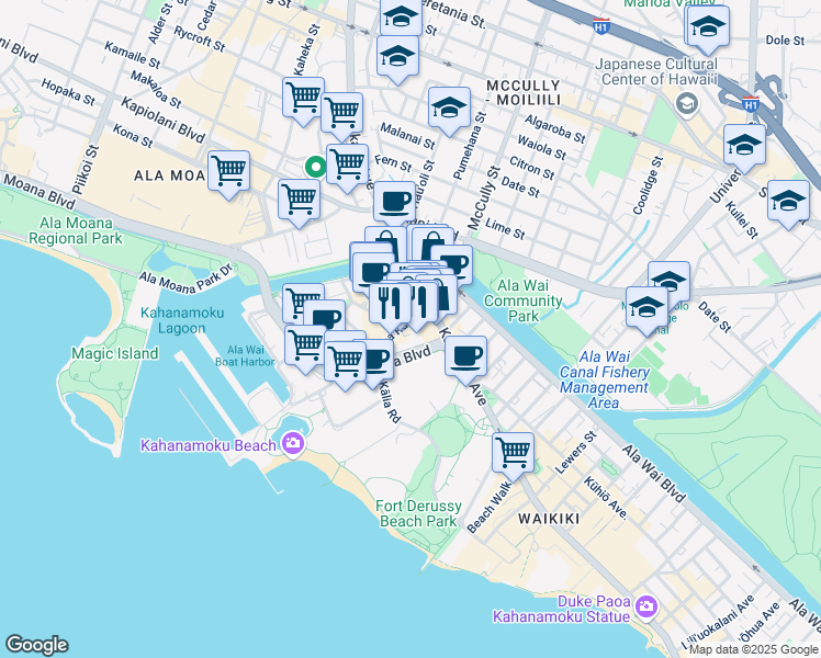 map of restaurants, bars, coffee shops, grocery stores, and more near in Honolulu