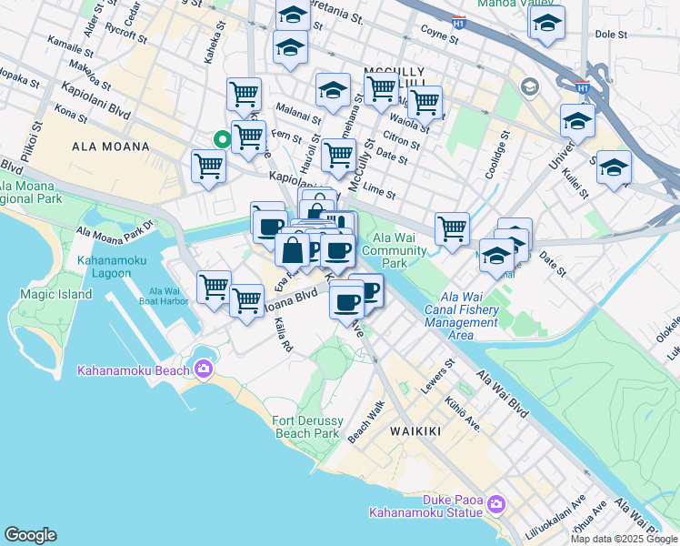 map of restaurants, bars, coffee shops, grocery stores, and more near 413 Niu Street in Honolulu