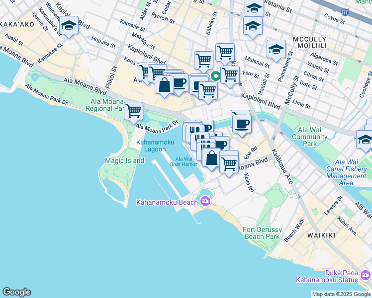 map of restaurants, bars, coffee shops, grocery stores, and more near 33 Holomoana Street in Honolulu