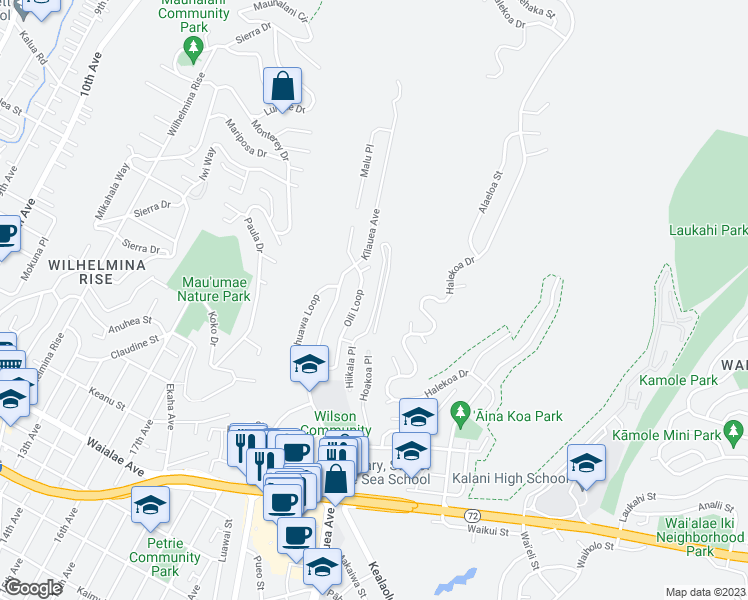 map of restaurants, bars, coffee shops, grocery stores, and more near 1487 Hiikala Place in Honolulu