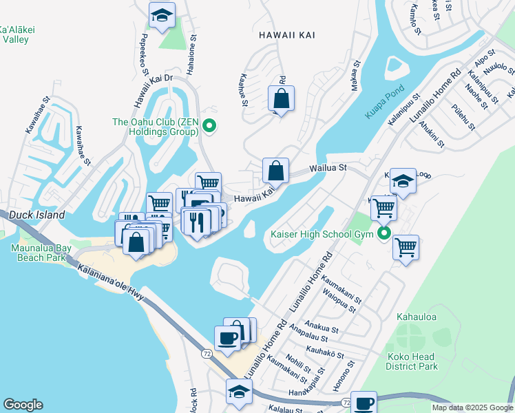 map of restaurants, bars, coffee shops, grocery stores, and more near 7007 Hawaii Kai Drive in Honolulu