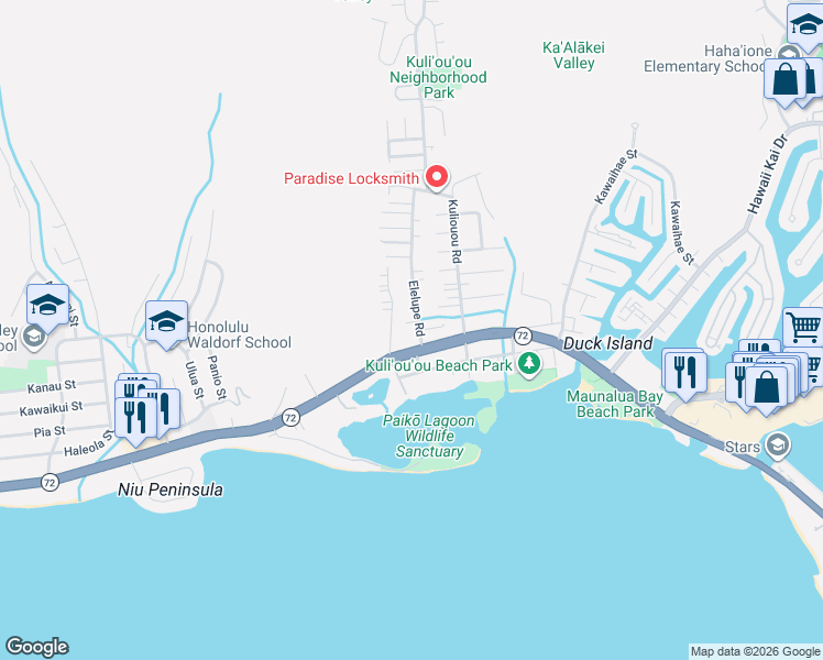 map of restaurants, bars, coffee shops, grocery stores, and more near 228 Elelupe Road in Honolulu