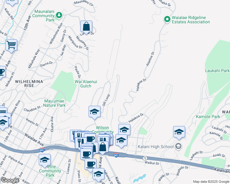 map of restaurants, bars, coffee shops, grocery stores, and more near 1487 Hiikala Place in Honolulu