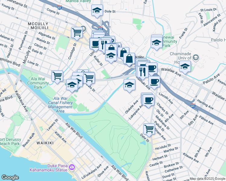 map of restaurants, bars, coffee shops, grocery stores, and more near 2630 Nahaku Place in Honolulu