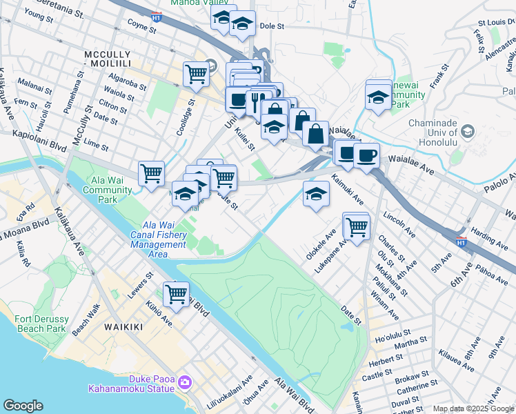 map of restaurants, bars, coffee shops, grocery stores, and more near 736 Mahiai Street in Honolulu