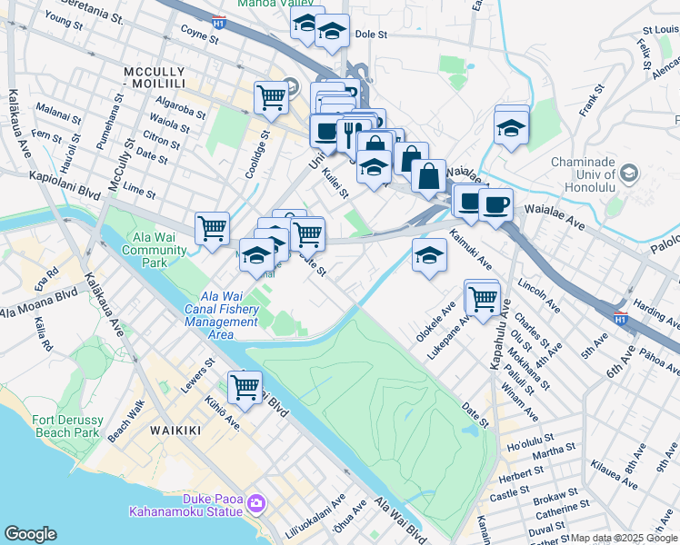 map of restaurants, bars, coffee shops, grocery stores, and more near 736 Mahiai Street in Honolulu
