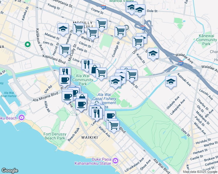 map of restaurants, bars, coffee shops, grocery stores, and more near 500 University Avenue in Honolulu