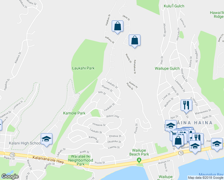 map of restaurants, bars, coffee shops, grocery stores, and more near 1865 Alaweo Street in Honolulu