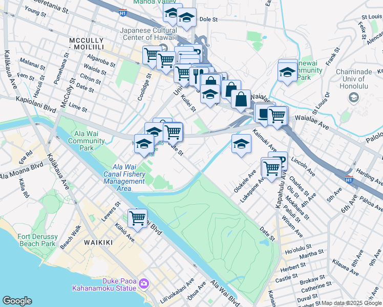map of restaurants, bars, coffee shops, grocery stores, and more near 736 Mahiai Street in Honolulu
