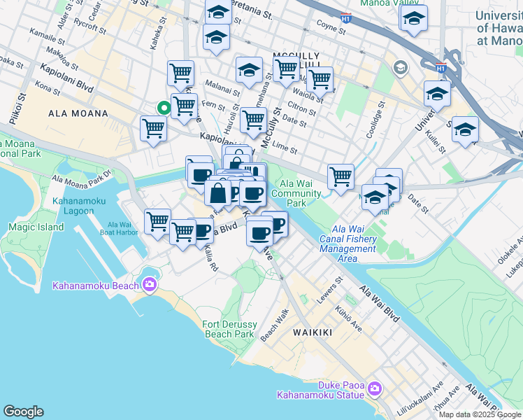 map of restaurants, bars, coffee shops, grocery stores, and more near 413 Niu Street in Honolulu