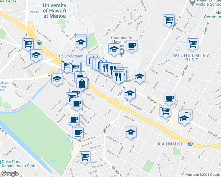 map of restaurants, bars, coffee shops, grocery stores, and more near 1118A 4th Ave in Honolulu