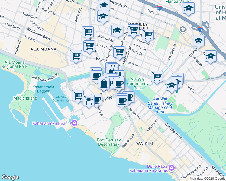 map of restaurants, bars, coffee shops, grocery stores, and more near 413 Niu Street in Honolulu