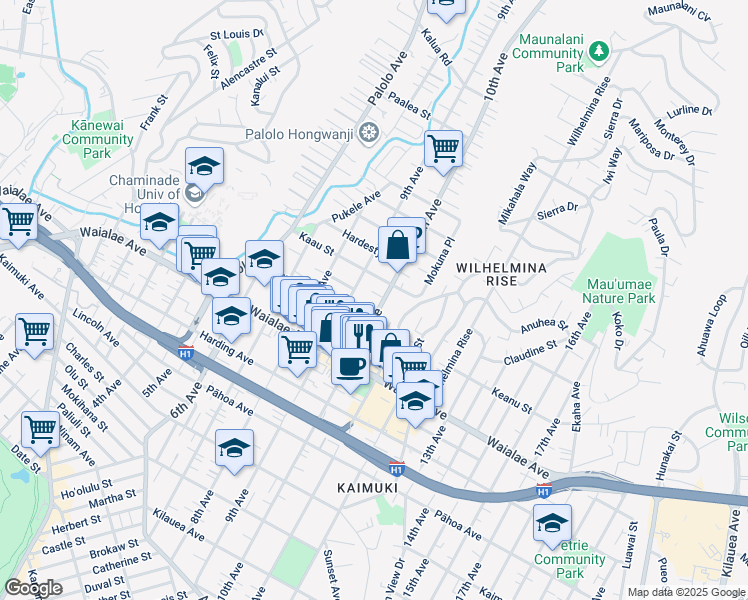 map of restaurants, bars, coffee shops, grocery stores, and more near 1340 10th Avenue in Honolulu