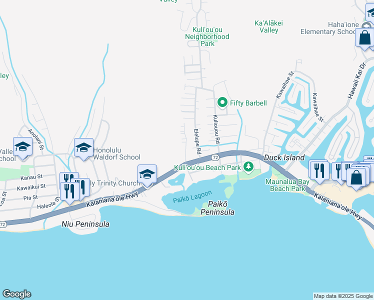 map of restaurants, bars, coffee shops, grocery stores, and more near 234 Moomuku Place in Honolulu