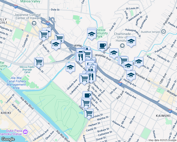 map of restaurants, bars, coffee shops, grocery stores, and more near in Honolulu