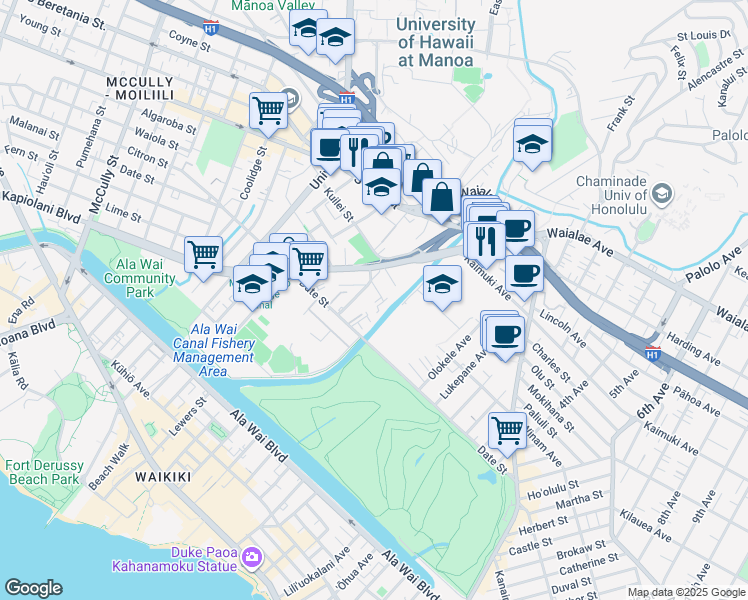 map of restaurants, bars, coffee shops, grocery stores, and more near 2630 Nahaku Place in Honolulu